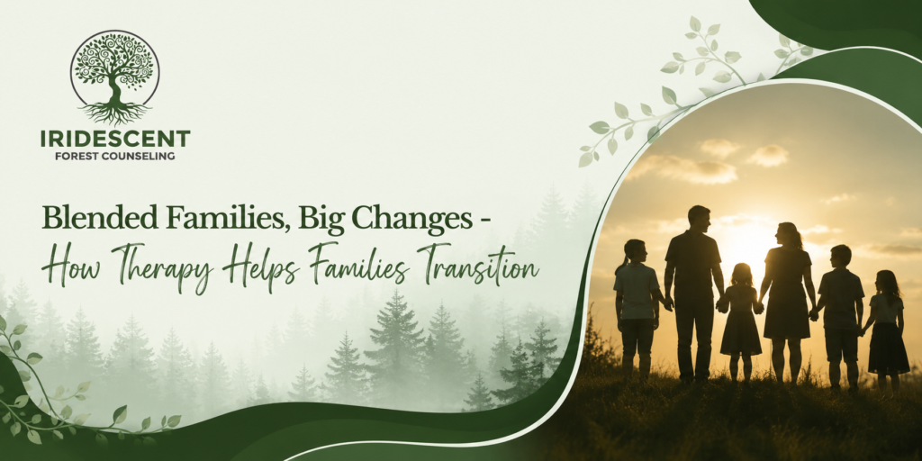 Blended family receiving support through therapy during a major family transition